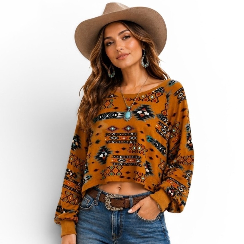 Wrangler Retro Womens Large Southwestern Aztec Print Raw Hem Top Mustard Yellow